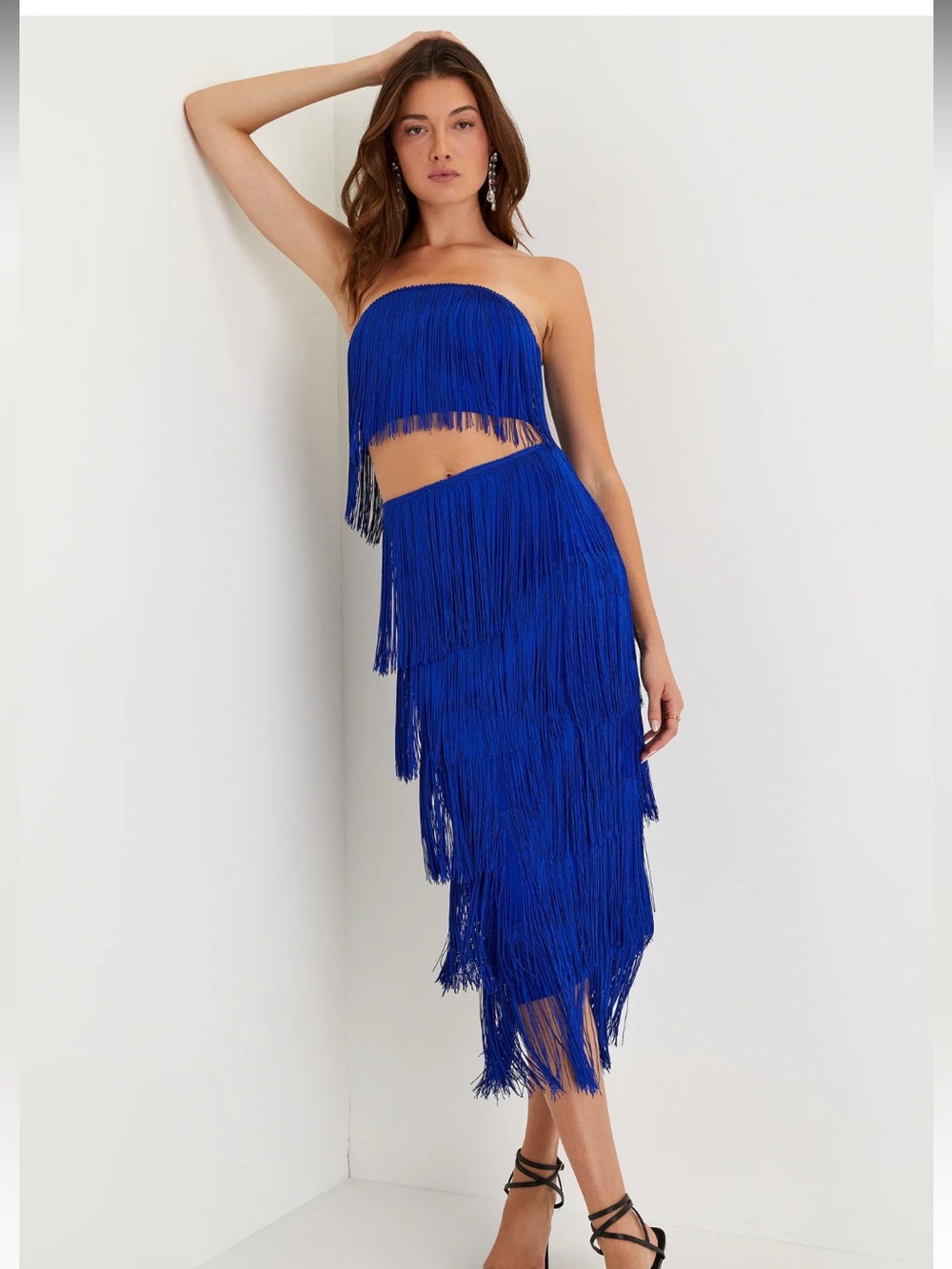 LULUS REMARLEABLE AURA ROYAL BLUE FRINGE STRAPLESS 2 PIECE MIDI DRESS SIZE S